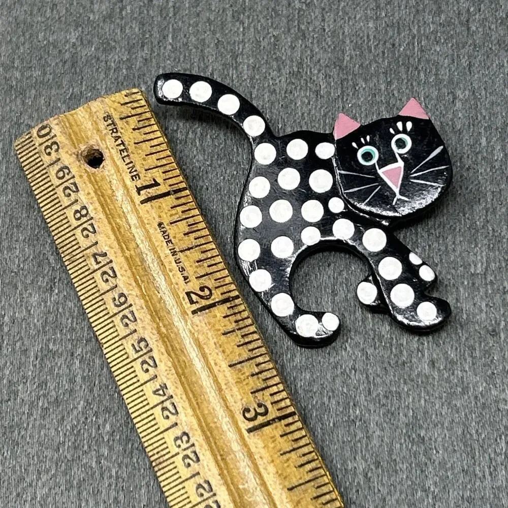 Vintage Hand Painted Wood Black Cat Brooch Kitschy White Polka Dots Pin Folk Art